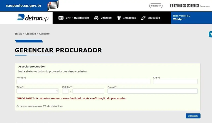 Como cadastrar procurador no DETRAN SP